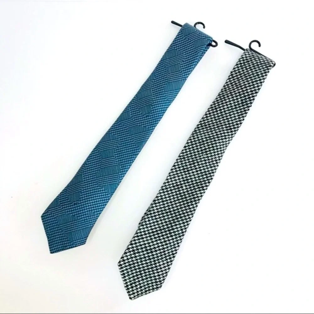 New! WRK 2 Neck Tie Bundle Silk Wool Blue Black White Houndstooth Plaid